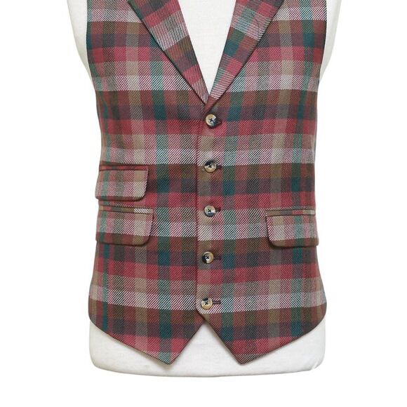 Mens Plaid Vest 44R Red Green Brown Wool Waistcoat XL Western Casual Wedding - Picture 5 of 9